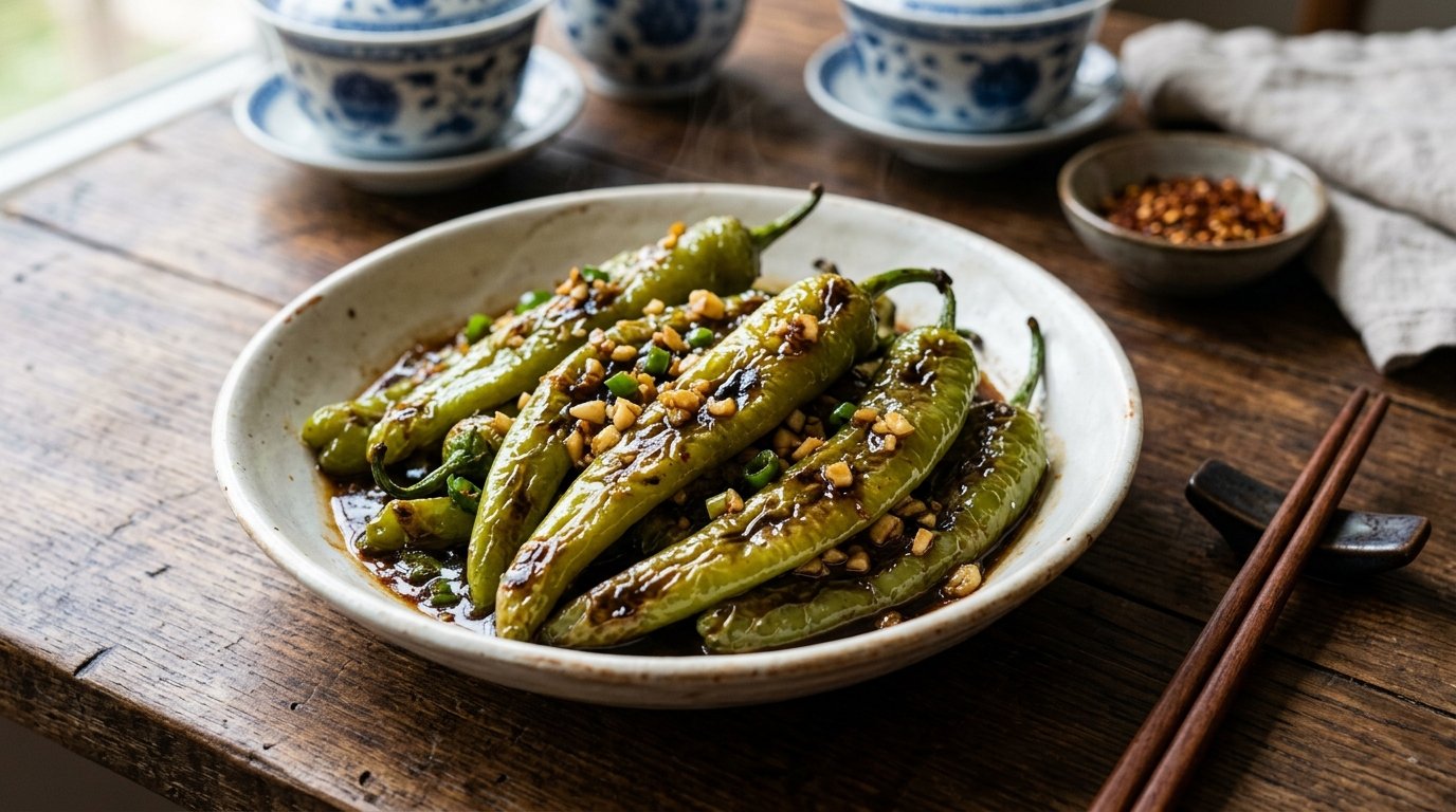 Schweinefleischstreifen mit grüner Spitzpaprika (Qingjiao Rousi)