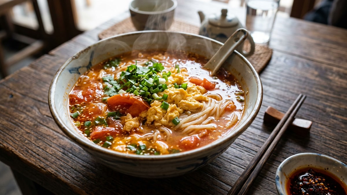 Aromatische Tomaten-Eier-Nudelsuppe (Fanqie Jidan Mian)