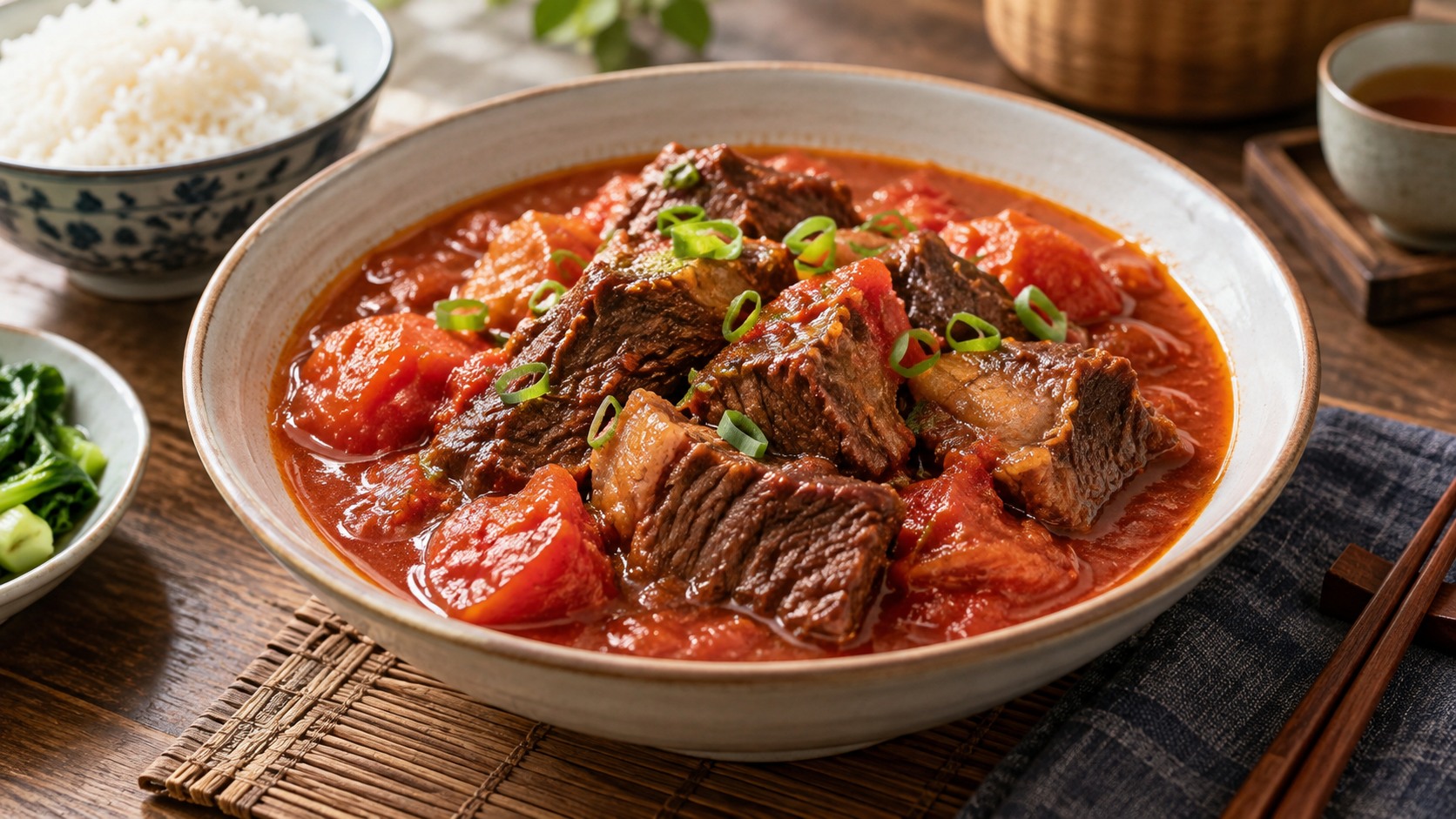 Zart geschmorte Rinderbrust in fruchtiger Tomatensauce (Fanqie Dun Niunan)