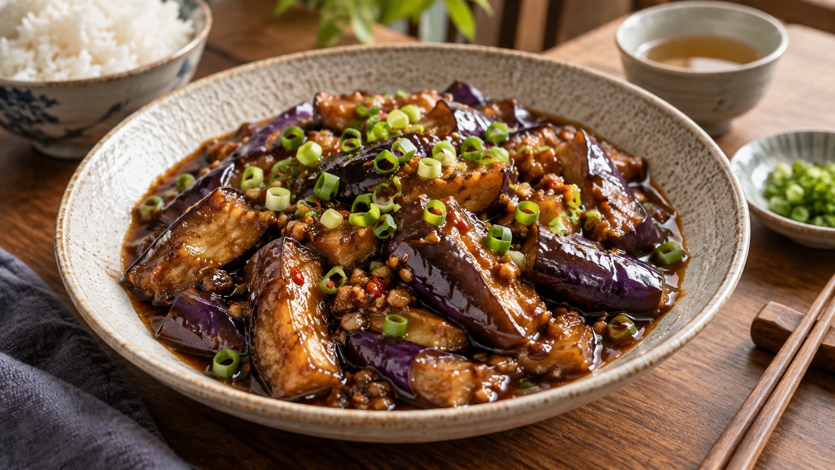 Geschmorte Auberginen in brauner Knoblauchsauce (Hongshao Qiezi)