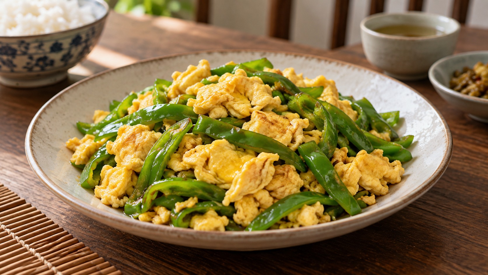 Goldgelbes Rührei mit milder Spitzpaprika (Qingjiao Chao Dan)