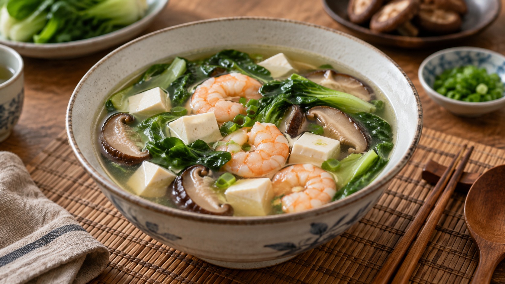 Feine Drei-Frische-Suppe mit Garnelen, Tofu & Pilzen (Sanxian Tang)