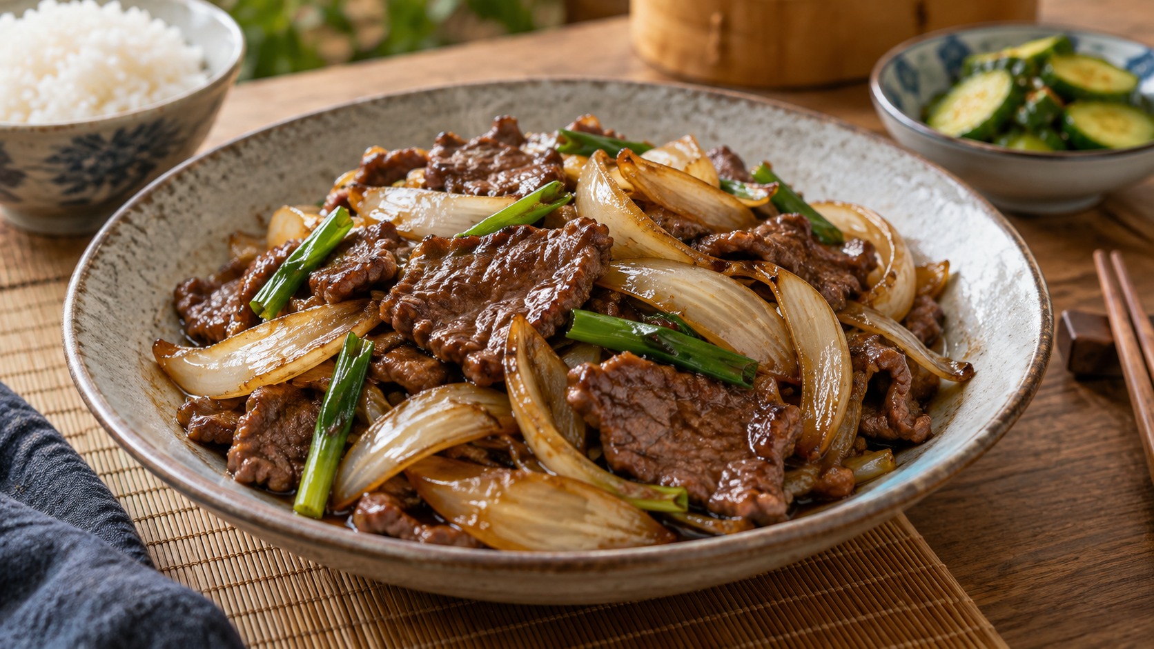 Zartes Wok-Rindfleisch mit karamellisierten Zwiebeln (Yangcong Chao Niurou)